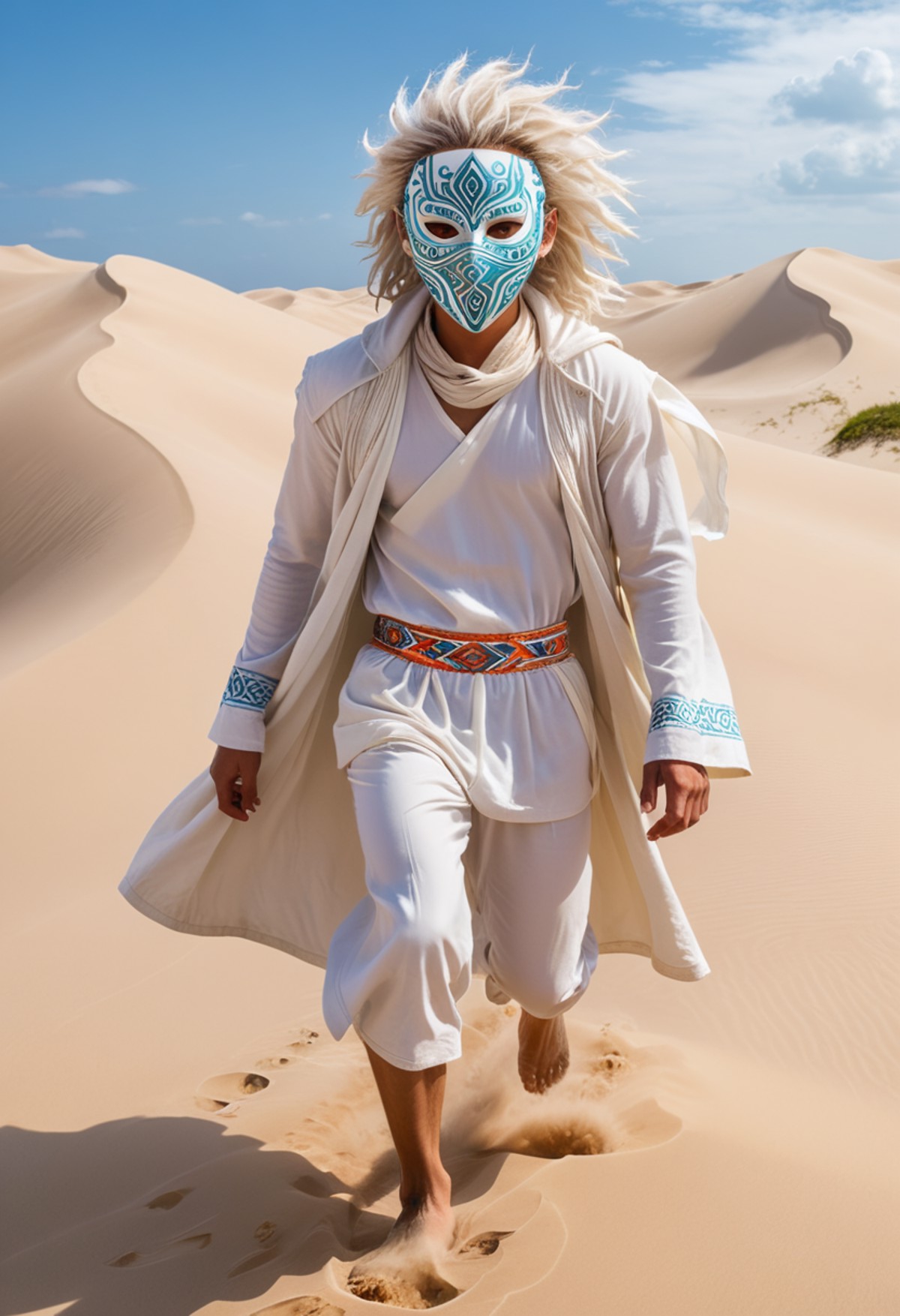 <lora:RMSDXL_Creative:2> a man running looking at the camera in top of a white sandy dune, wearing a white tribal mask and...